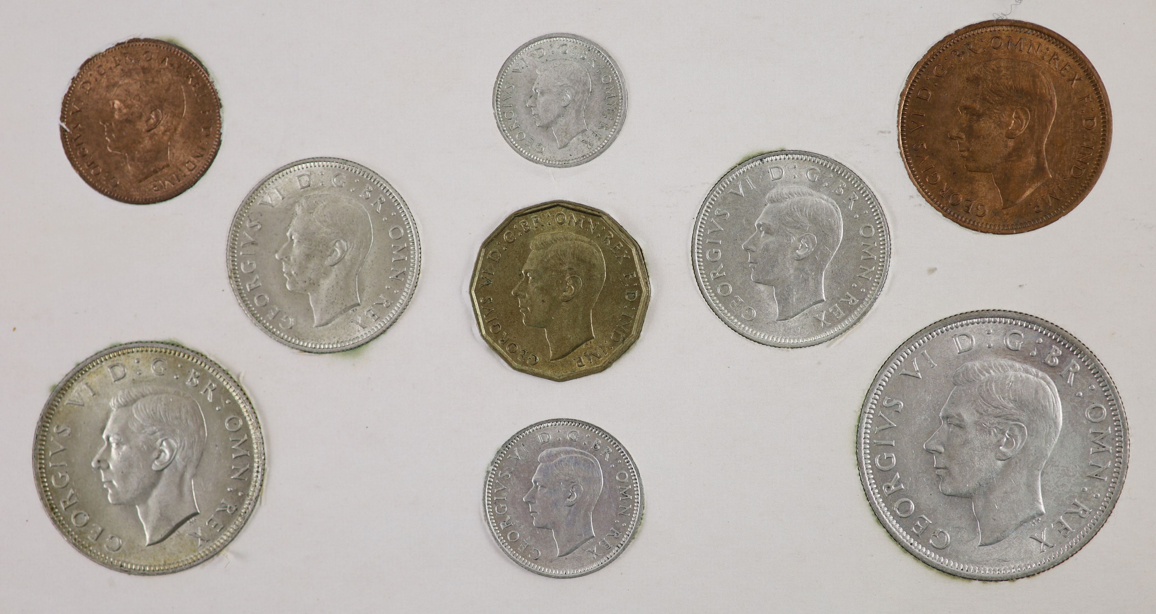 George VI specimen coin sets for 1938, 1939, 1940, 1941, 1942 and 1943, first coinage, the majority about EF or better